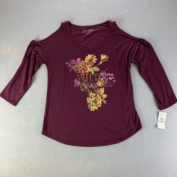 Jessica Simpson Shirt Womens Small Maroon Pullover Cold‎ Shoulder Floral Thin - Picture 1 of 10